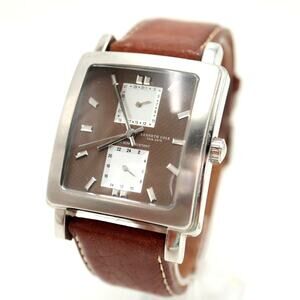 Kenneth Cole NY Mens 37mm Brown Tank Dial Watch Date Leather Strap w New Battery